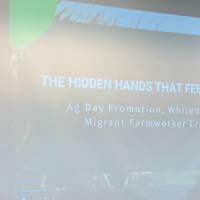 Student presenting on migrant agricultural laborers, "the hidden hands that feed America."